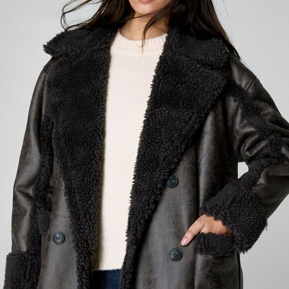 NWT | Nasty Gal | US 6, oversized | Distressed Maxi Bonded Aviator Coat Brown - Picture 2 of 14